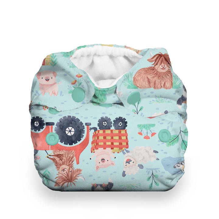 thirsties natural newborn cotton all in one cloth diaper with snaps farm print Ferm stockin