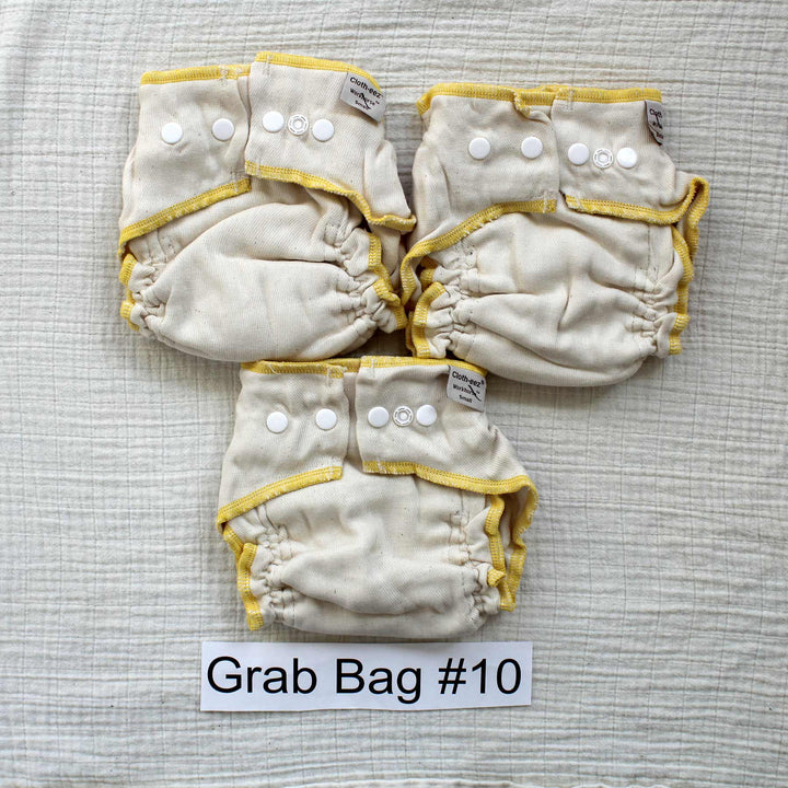 grab bag three bargain Workhorse fitted organic cloth diapers small with yellow edge stitching