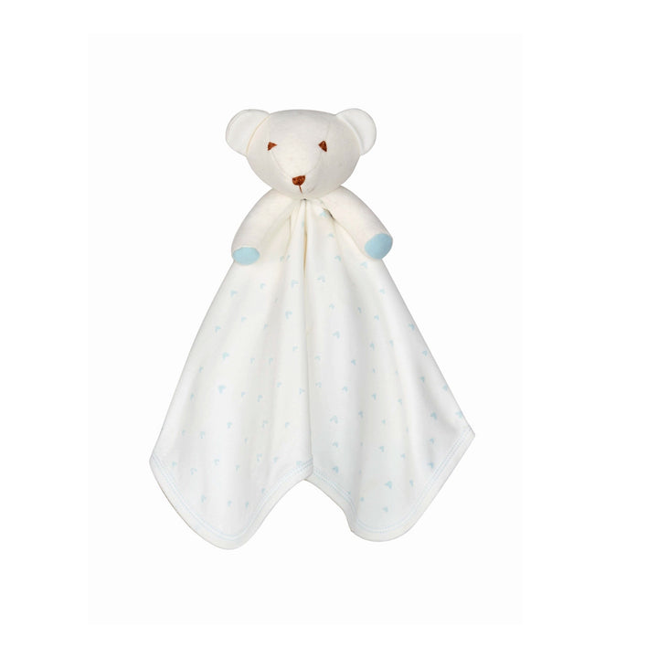 Under the Nile Organic cotton  teddy bear security blanket with blue hearts on a white background
