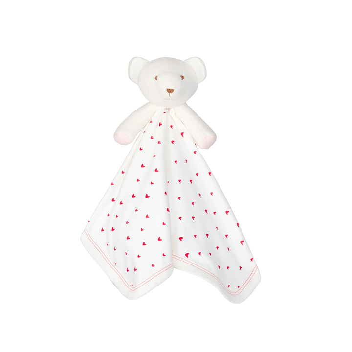 Under the Nile organic cotton teddy bear with a red heart pattern on a white background