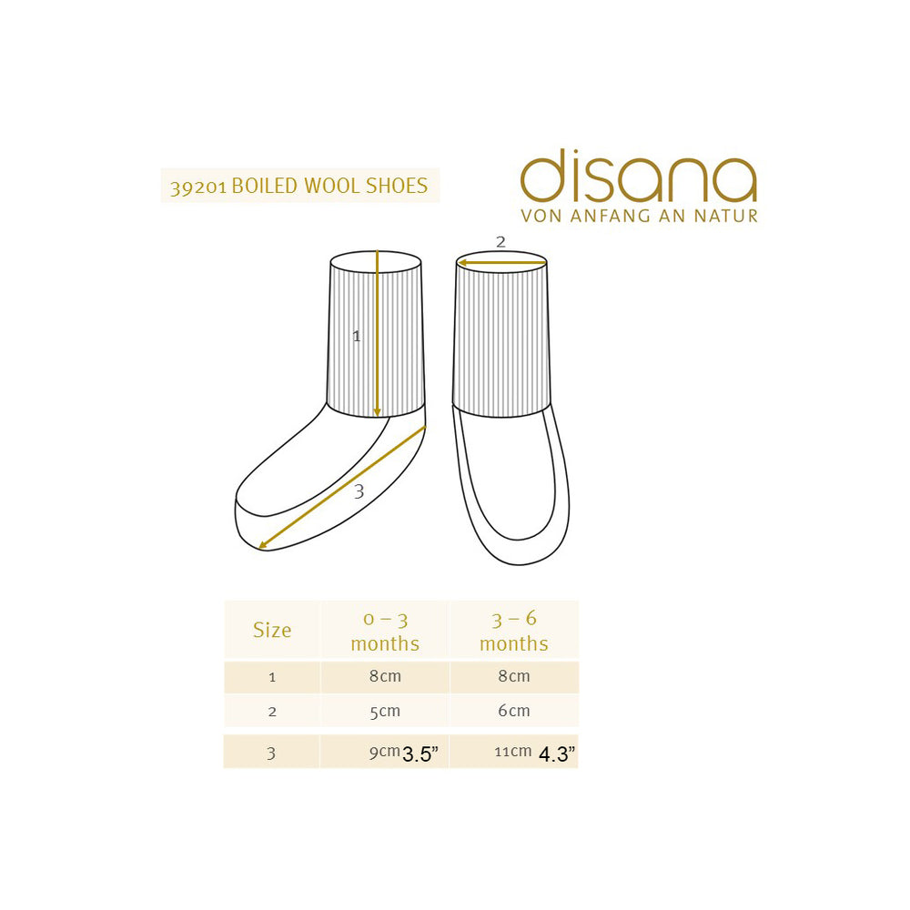 Diagram of disana boiled wool shoes with size chart 