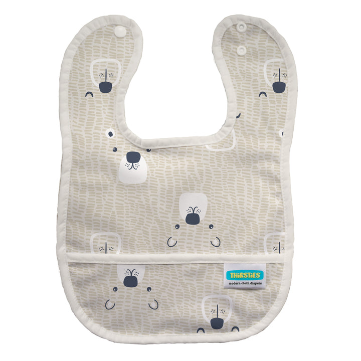 Baby bib with bear pattern on a white background Bearly Thirsties pocket bib