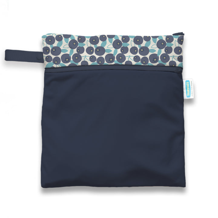 Navy blue wet dry diaper bag with blueberry pattern and zippper