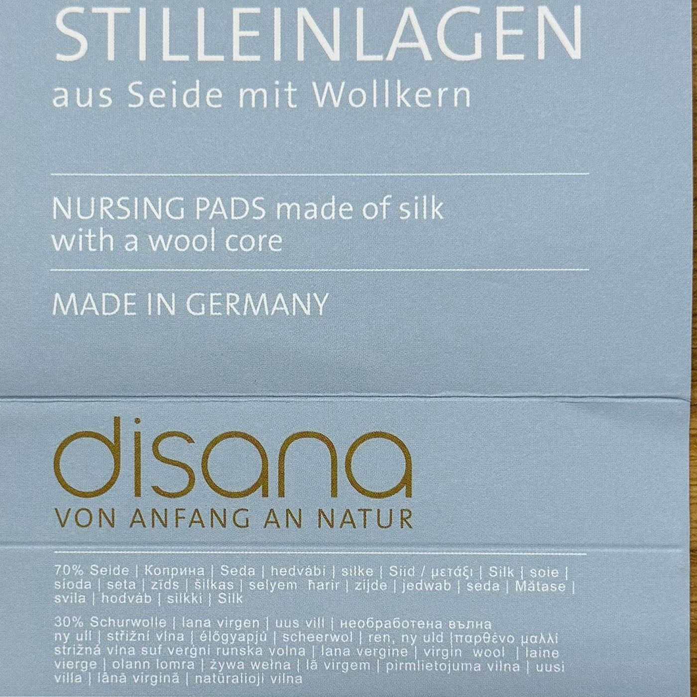 Disana wool silk nursing pads fabric content label