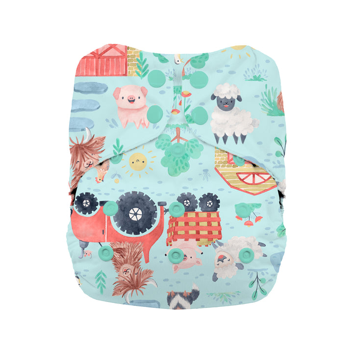 Thirsties natural cotton interior all in one cloth diaper farm print Ferm Stockin