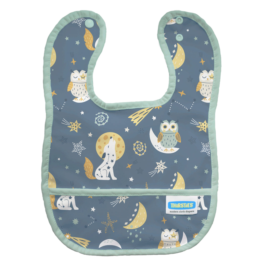 Thirsties waterproof baby bib with pocket hoot n howl owls