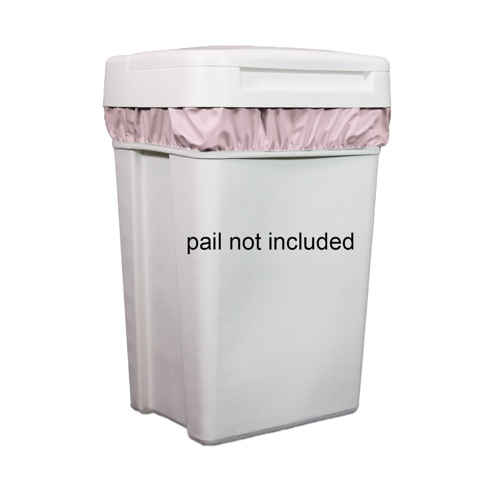 White trash bin with pink diaper pail liner and 'pail not included' text on a white background