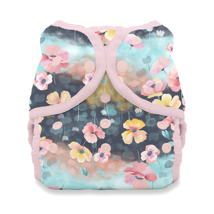 Thirsties Duo Wrap Snap cloth diaper cover Poppy Floral-patterned diaper cover with pink trim on a white background