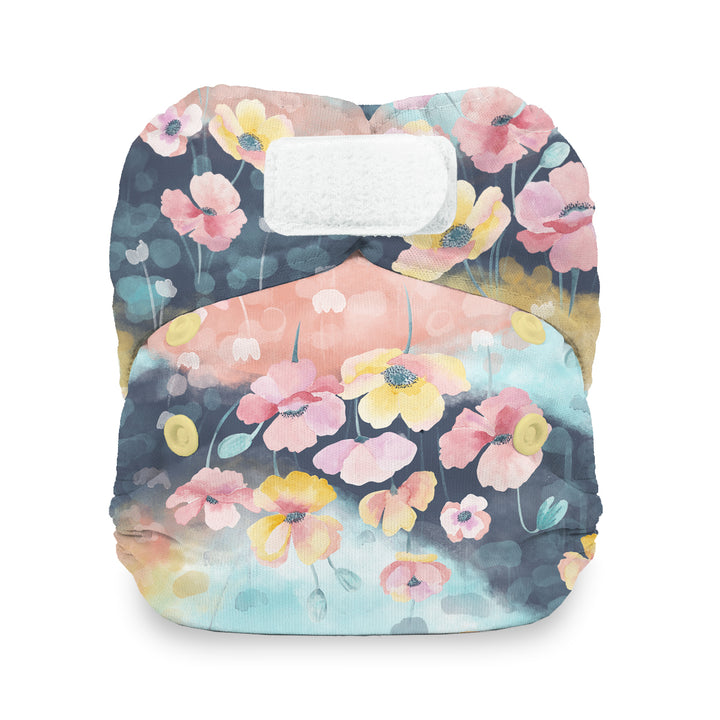 Thristies Natural newborn all in one cloth diaper hook and loop with cotton poppy flower print