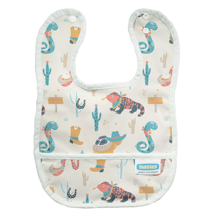 Thirsties waterproof baby bib with pocket reptile wranglers
