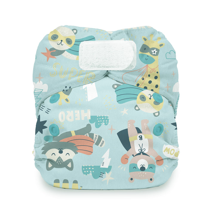 Thristies Natural newborn all in one cloth diaper hook and loop with cotton super hero print 