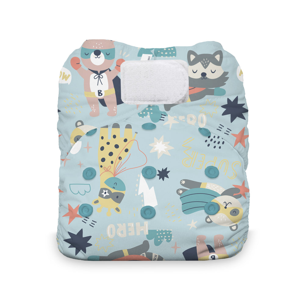 Children's Thirsties cloth diaper with superhero-themed design 