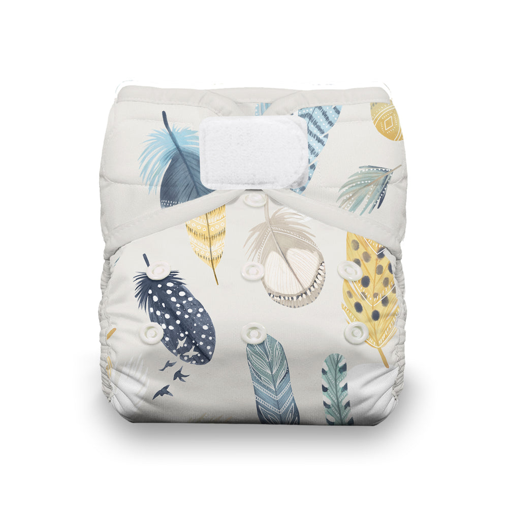 Thirsties natural pocket all in one cloth diaper organic cotton with hook and loop closure in Wild Plume feather print