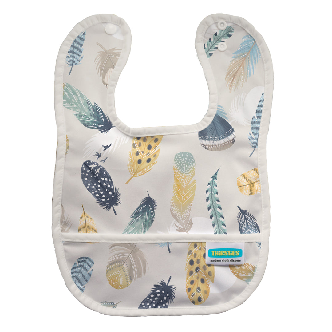 Baby bib with feather pattern on a white background Thirsities pocket bib