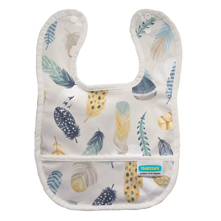 Baby bib with feather pattern on a white background Thirsities pocket bib