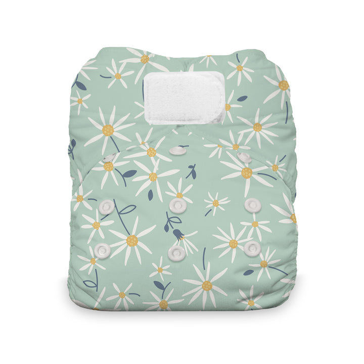 Thirsties Natural cotton all in one cloth diaper with hook and loop closure woodland aster green flower print