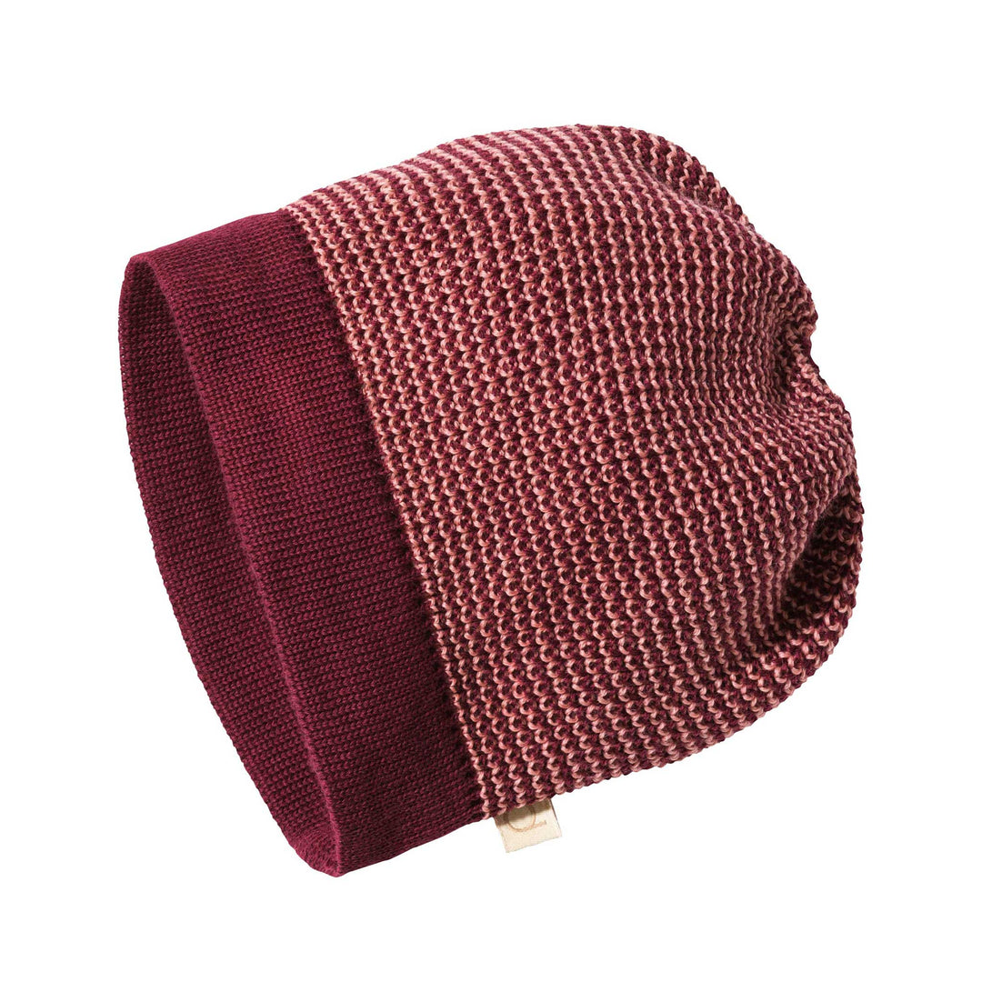 Knitted organic wool beanie by disana in cassis soft pink melange