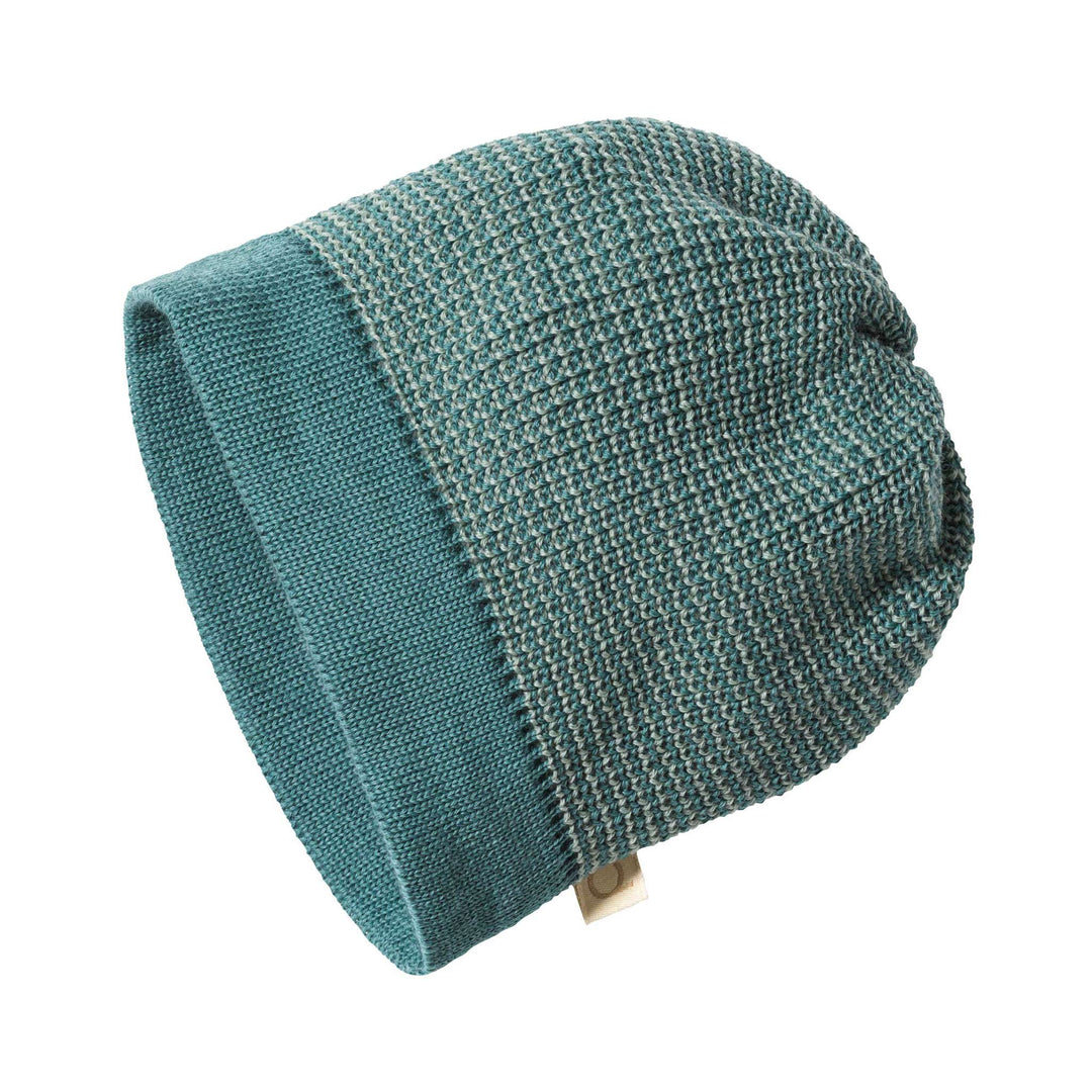 Knitted organic wool beanie by disana in  eucalyptus jade melange