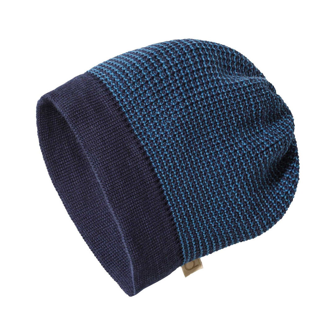 Knitted organic wool beanie by disana in indigo dove blue melange
