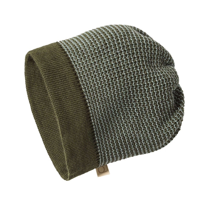 Knitted organic wool beanie by disana in olive jade melange