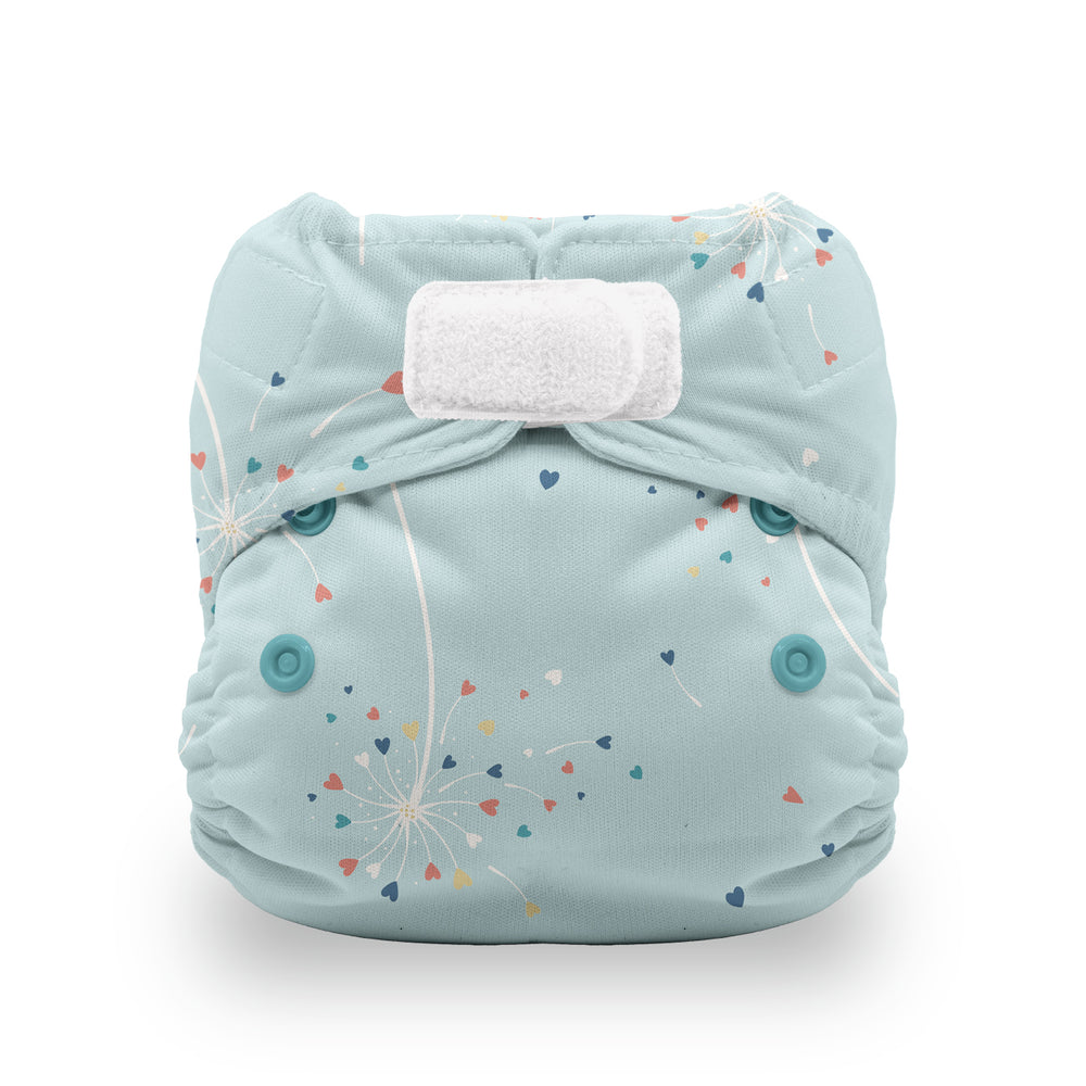 Thirsties Natural all in one cloth diaper for newborn babies blowing kisses hearts on light blue