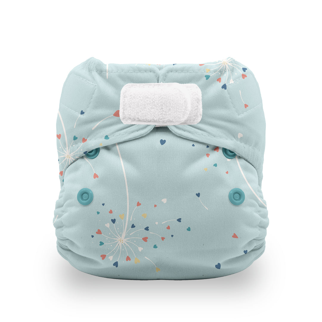 Thirsties Natural all in one cloth diaper for newborn babies blowing kisses hearts on light blue