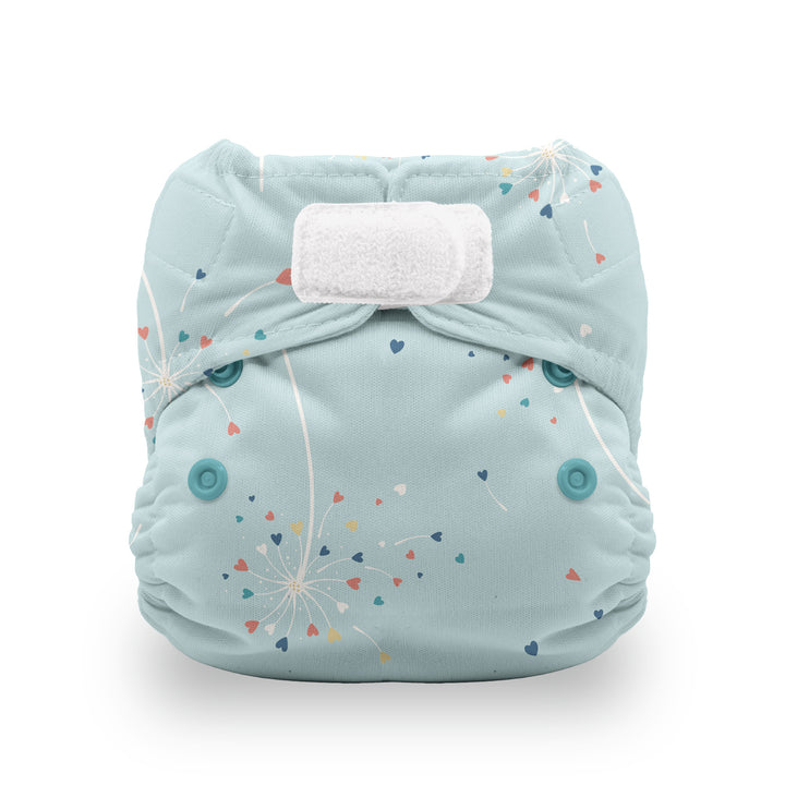 Thirsties Natural all in one cloth diaper for newborn babies blowing kisses hearts on light blue