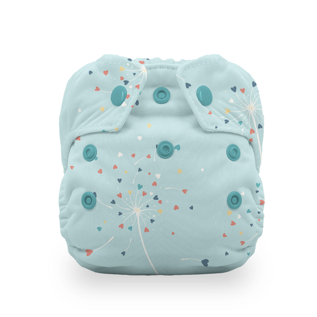 Thirsties natural snap all in one cloth diaper blowing kisses hearts on light blue