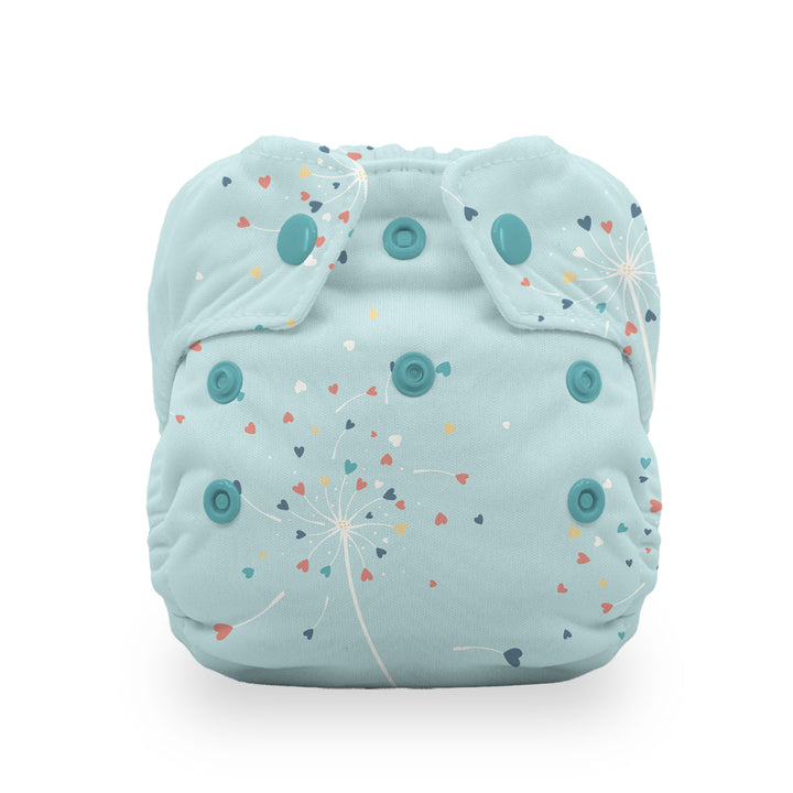 Thirsties natural snap all in one cloth diaper blowing kisses hearts on light blue