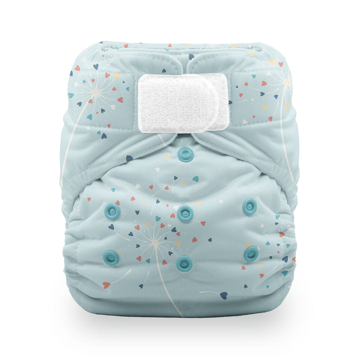 Thirsties Natural cotton all in one cloth diaper with hook and loop closure blowing kisses hearts on light blue