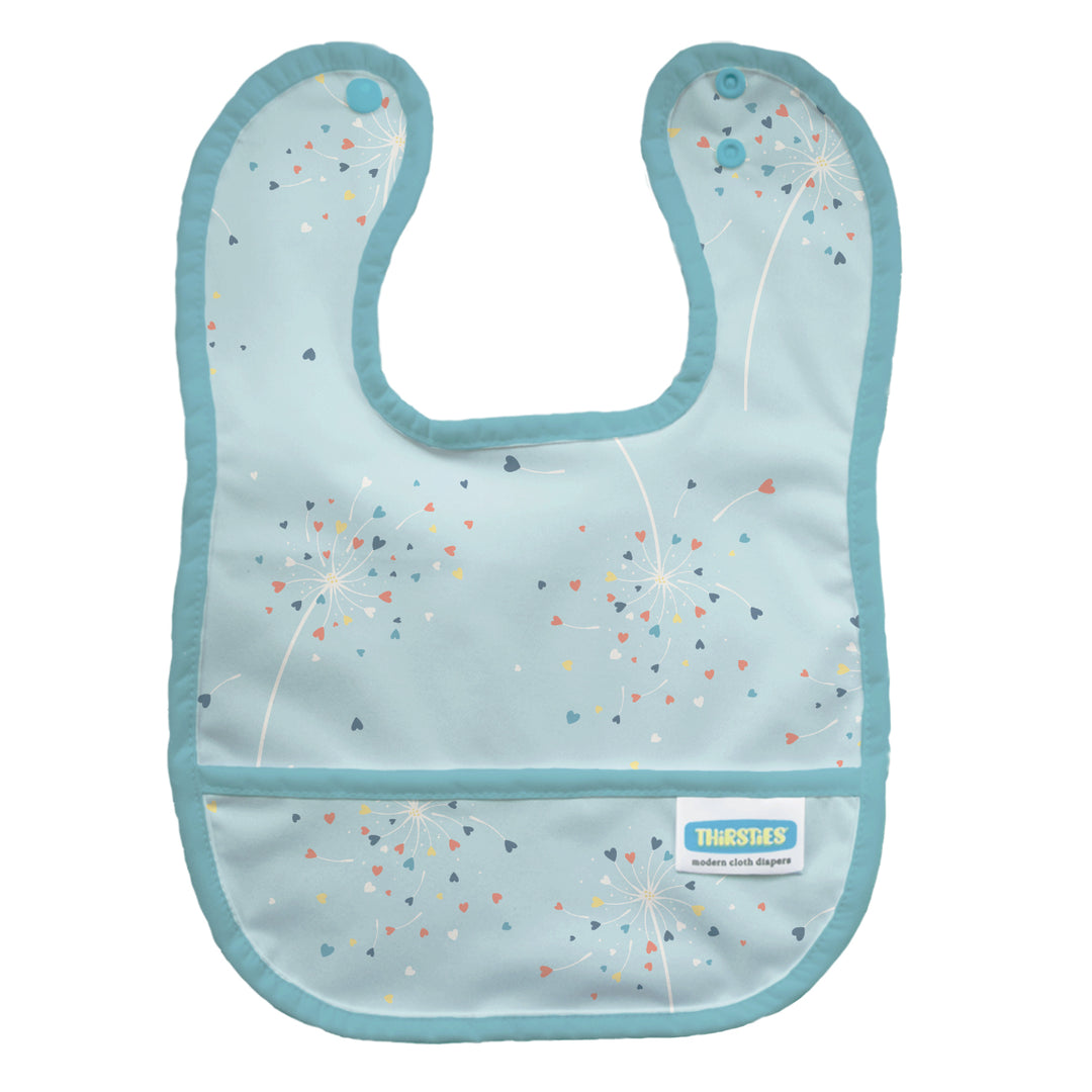 Thirsties light blue baby bib with a dandelion and hearts Blowing Kisses pattern, featuring a front pocket  