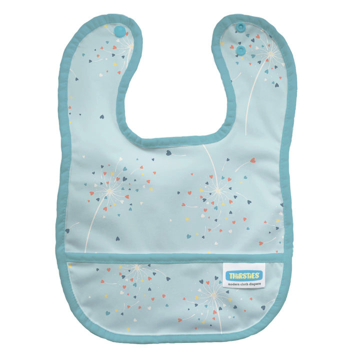 Thirsties light blue baby bib with a dandelion and hearts Blowing Kisses pattern, featuring a front pocket  