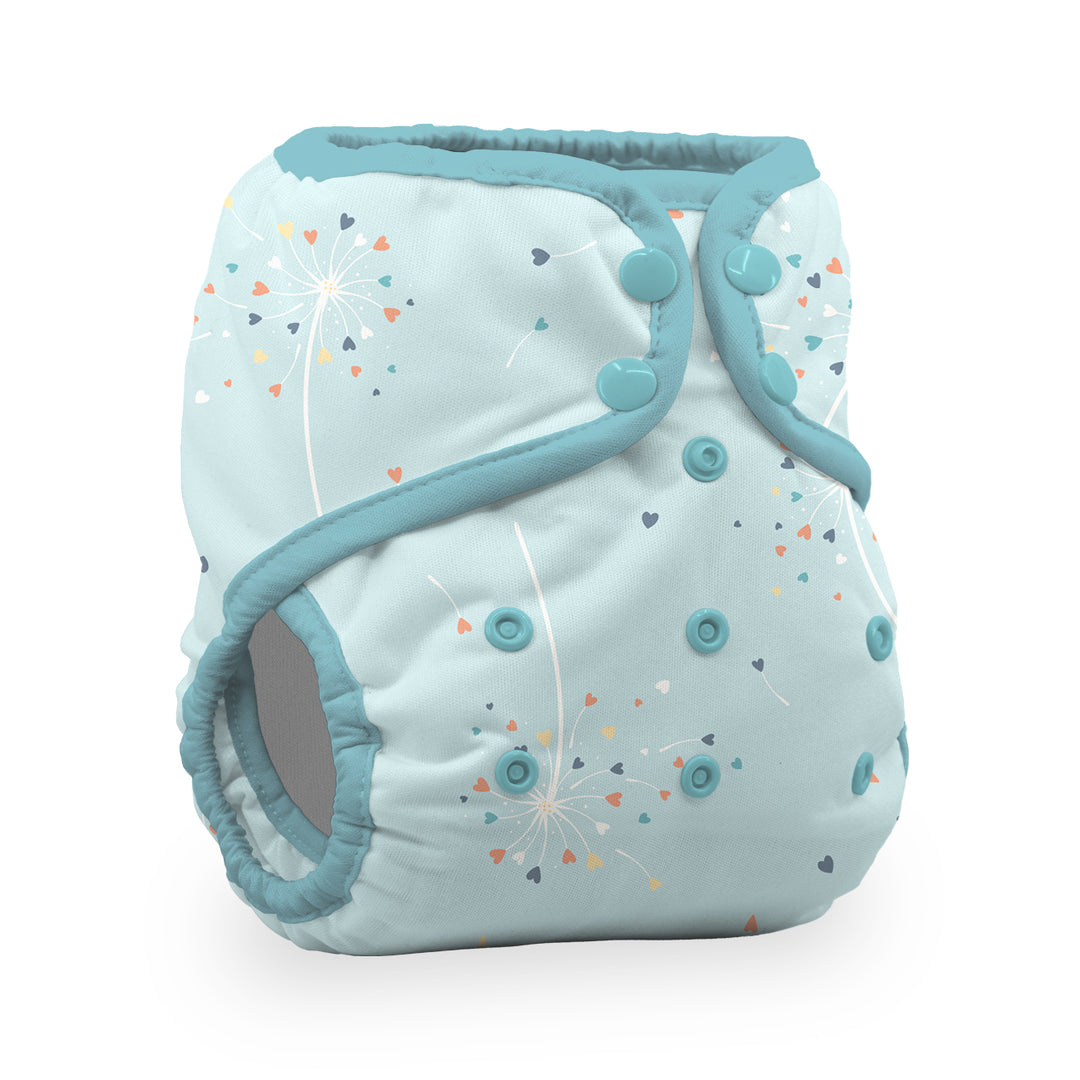 A light blue reusable cloth diaper with a dandelion and heart pattern, featuring teal trim and snap closures Thirsties natural cotton pocket diaper Blowing Kisses print