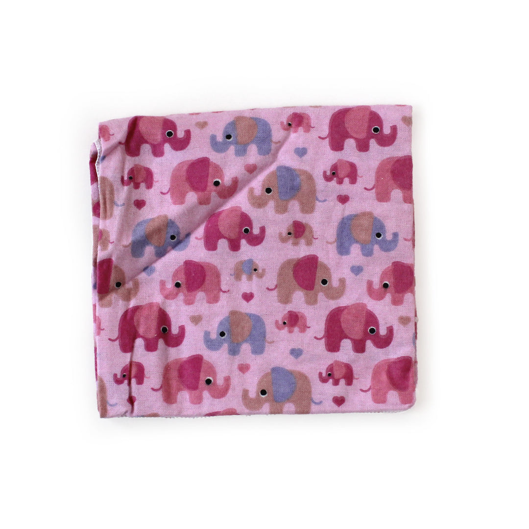 Pink flannel receiving blanket with elephant pattern on a white background