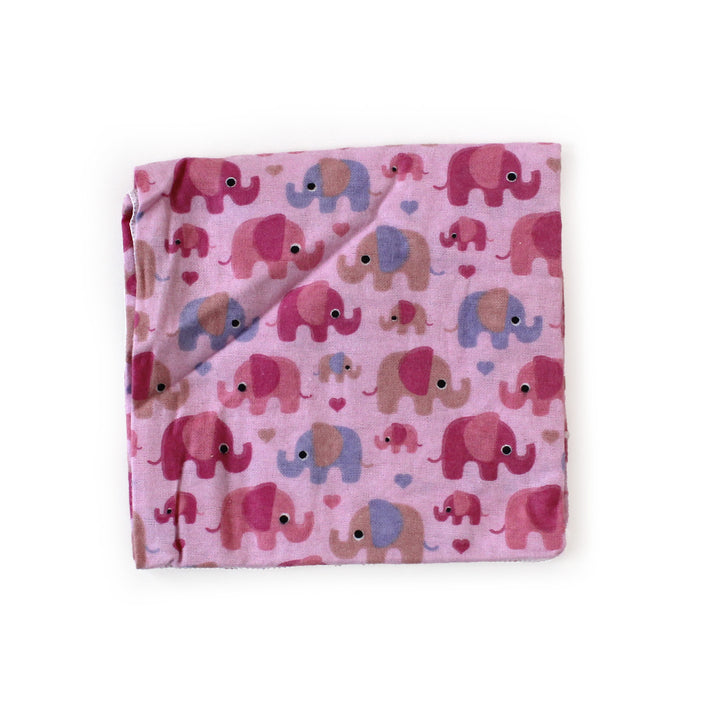 Pink flannel receiving blanket with elephant pattern on a white background