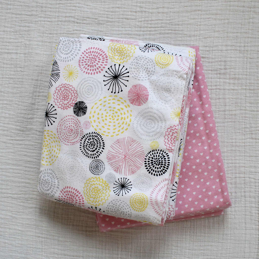 cotton flannel fabric with pink hearts and designs