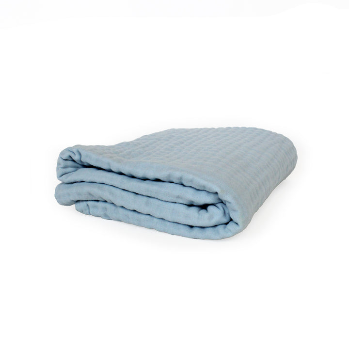 Folded light blue baby quilt on a white background