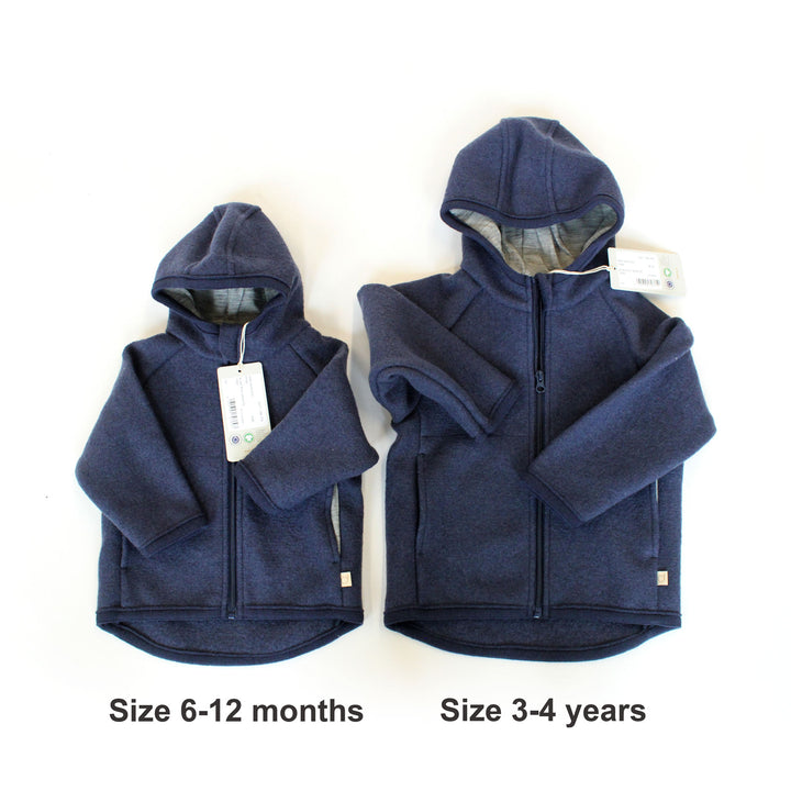 Two navy blue hoodies, one for sizes 6-12 months and the other for sizes 3-4 years
