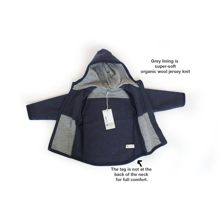 Navy and gray children's jacket with a tag 