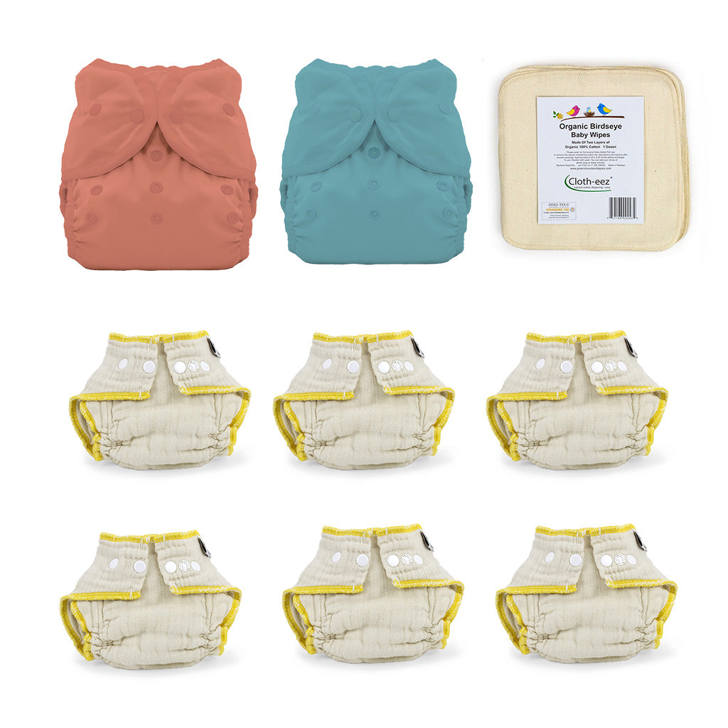 fitted diaper kit for infant solid colors clay and lagoon
