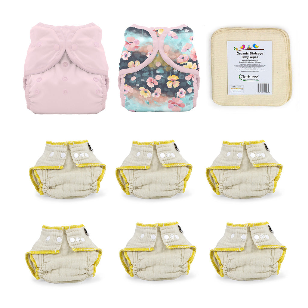 fitted diaper kit for infant with pink and flowers