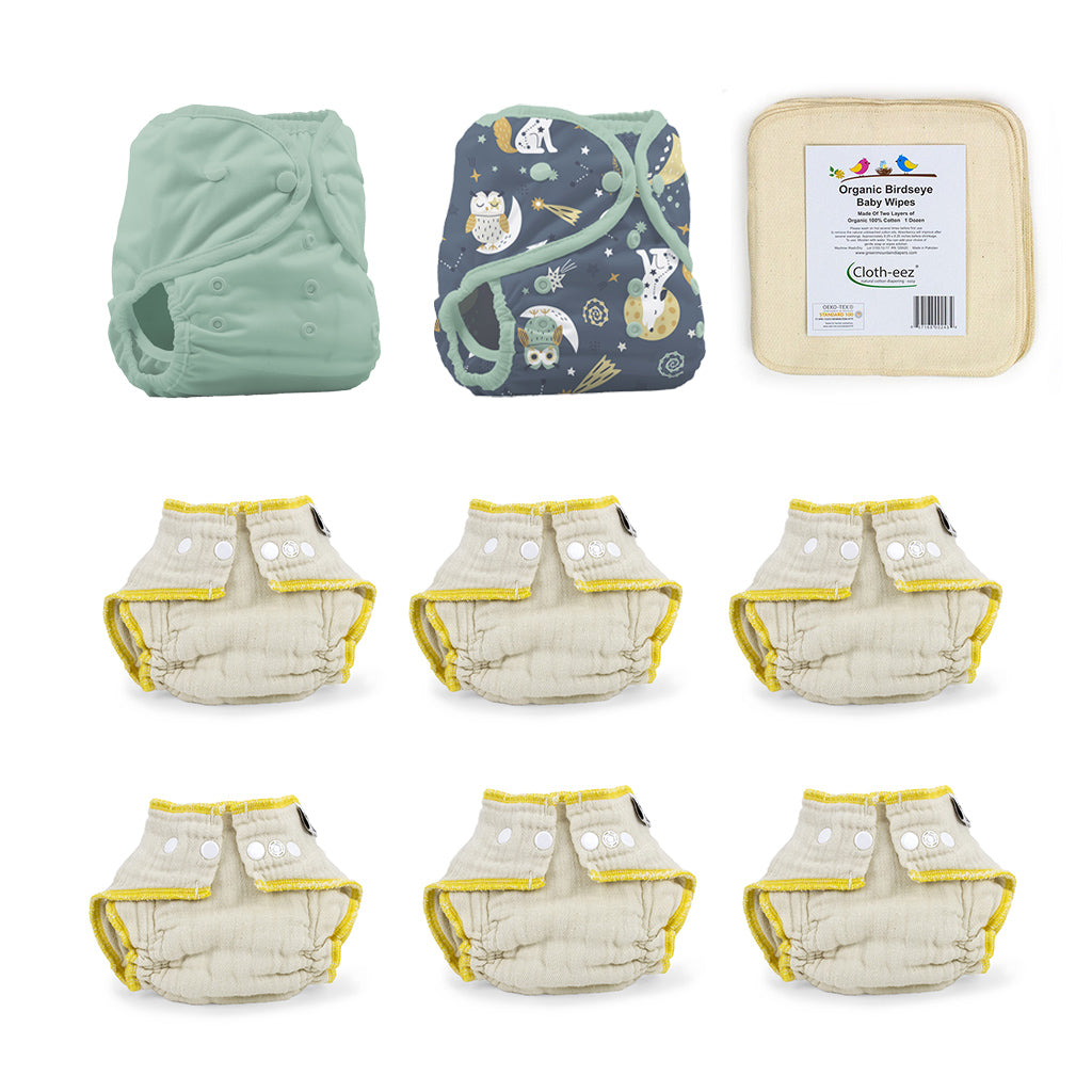 cloth diaper kit for an infant baby with jane and hoot n howl cloth diaper covers, wipes and Workhorse organic fitted cloth diapers size small