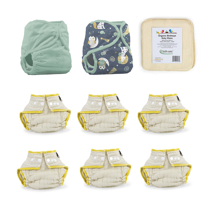 cloth diaper kit for an infant baby with jane and hoot n howl cloth diaper covers, wipes and Workhorse organic fitted cloth diapers size small