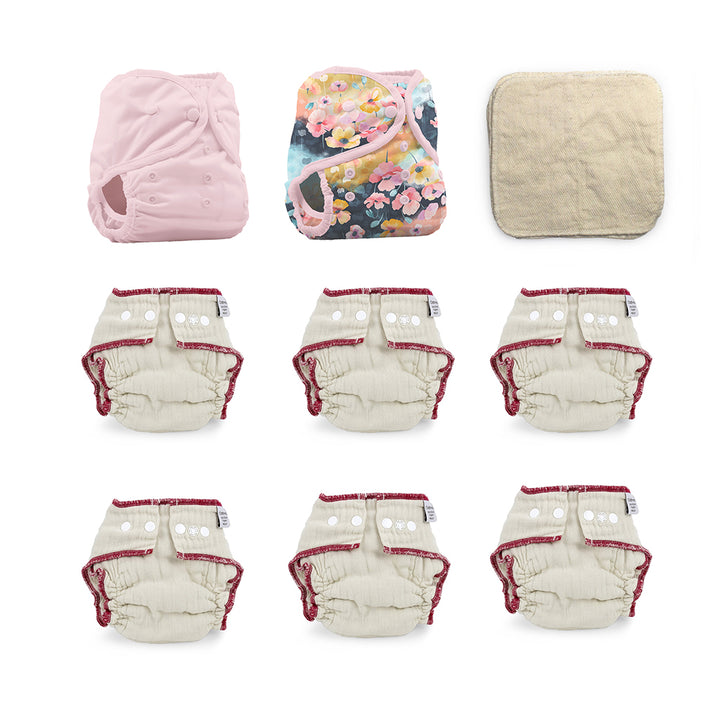fitted cloth diaper kit for a 6 month old girl pink and flower print diaper covers with organic baby wipes