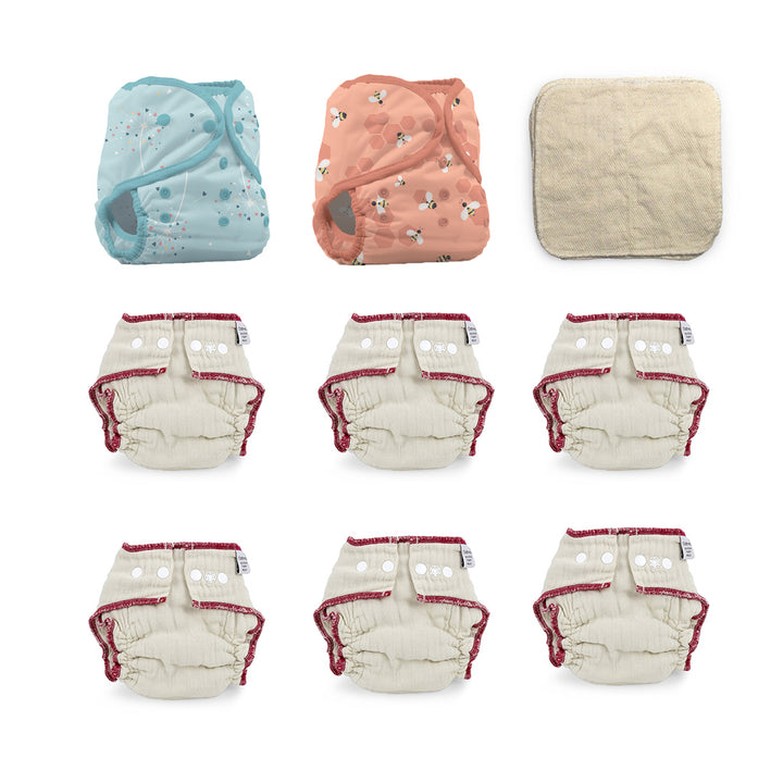 fitted cloth diaper kit for a 6 month old gender neutral blowing kisses and let it bee Thirsties Duo Wrap diaper covers with organic baby wipes