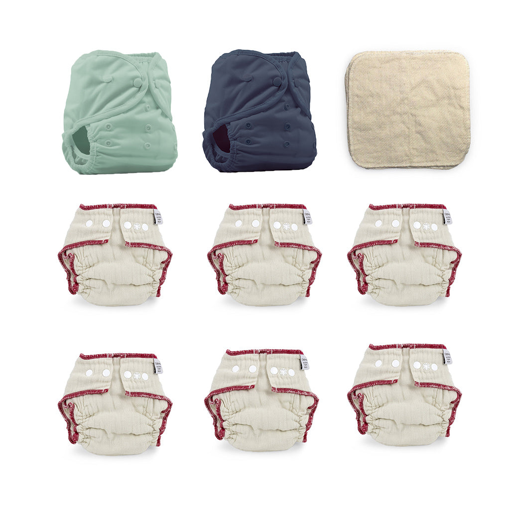 fitted cloth diaper kit for a 6 month old gender neutral solid color jade and navy Thirsties Duo Wrap diaper covers with organic baby wipes