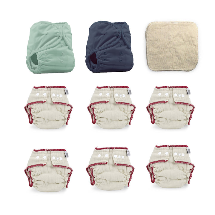 fitted cloth diaper kit for a 6 month old gender neutral solid color jade and navy Thirsties Duo Wrap diaper covers with organic baby wipes
