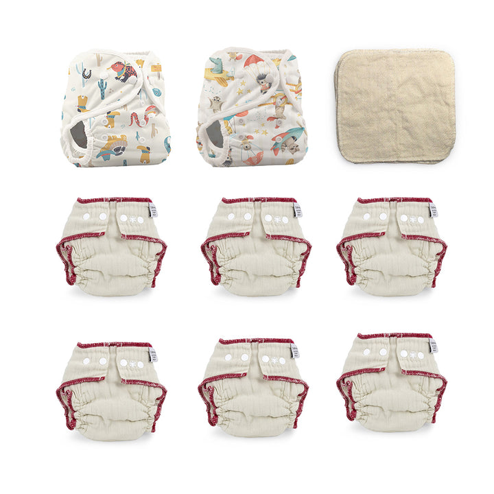 fitted cloth diaper kit for a 6 month old gender neutral reptile and parachute print Thirsties Duo Wrap diaper covers with organic baby wipes