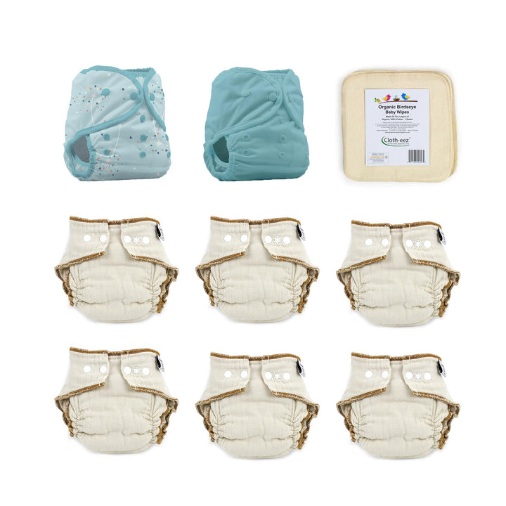 give it a try cloth diaper kit size large Workhorse organic and Thirsties Duo Wraps blowing kisses and lagoon blue solild
