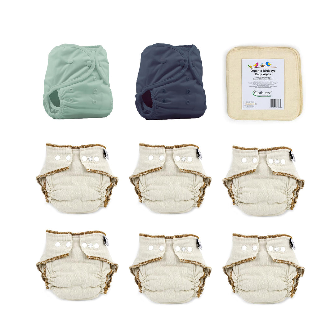 Six reusable cloth diapers Workhorse fitteds size large with organic birdseye wipes and navy and jade Thirsties Duo Wrap diaper covers size two